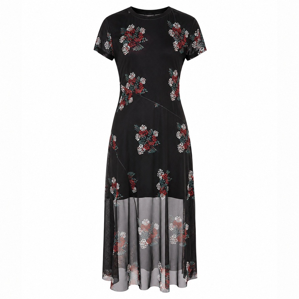 Desigual Estela Black Floral Mesh Midi Dress XL‎ Sheer Overlay Boho Grunge Goth